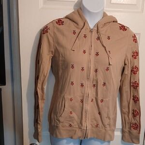 Lucky Brand Tan Hoodie with Red Embroidery Zip Hoodie. Sz. XL